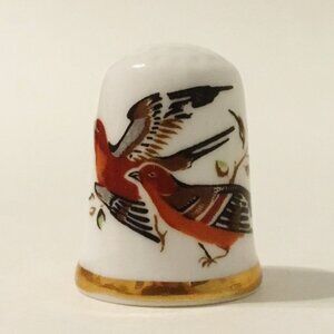 Caverswall Thimble Vintage Birds Porcelain England Brown Green Pink Gold Trim